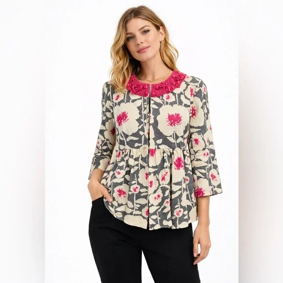 Nanette Lepore Floral Beaded Neck Peplum Blazer Sz 6 Barbie Pink Gray Coquette - Picture 2 of 16